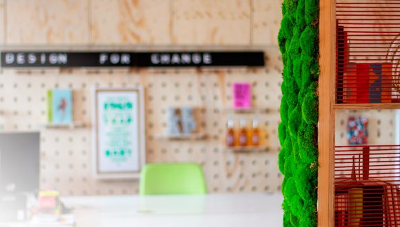 interior of Leap studio featuring living moss wall