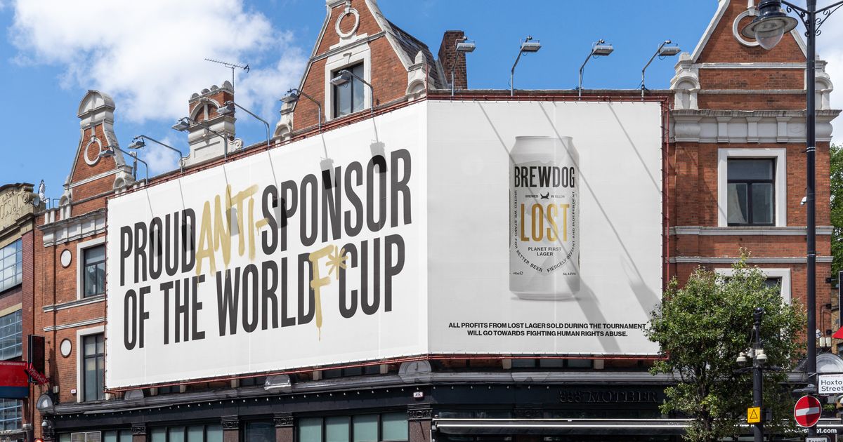 Brewdog 2022 world cup anti sponsor campaign. Out of home poster on side of building