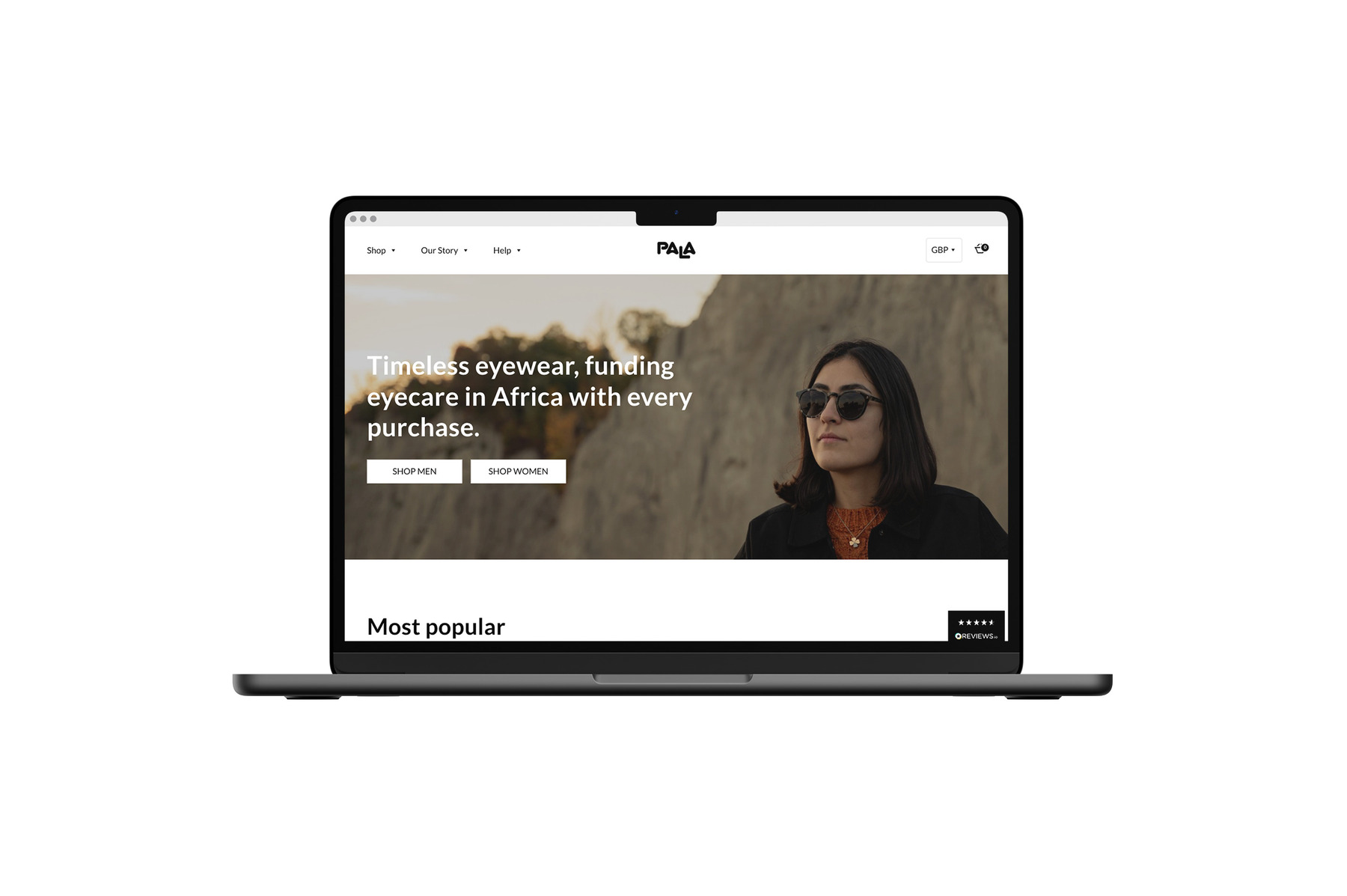 A mockup of a laptop showing the homepage of the Pala Eyewear website