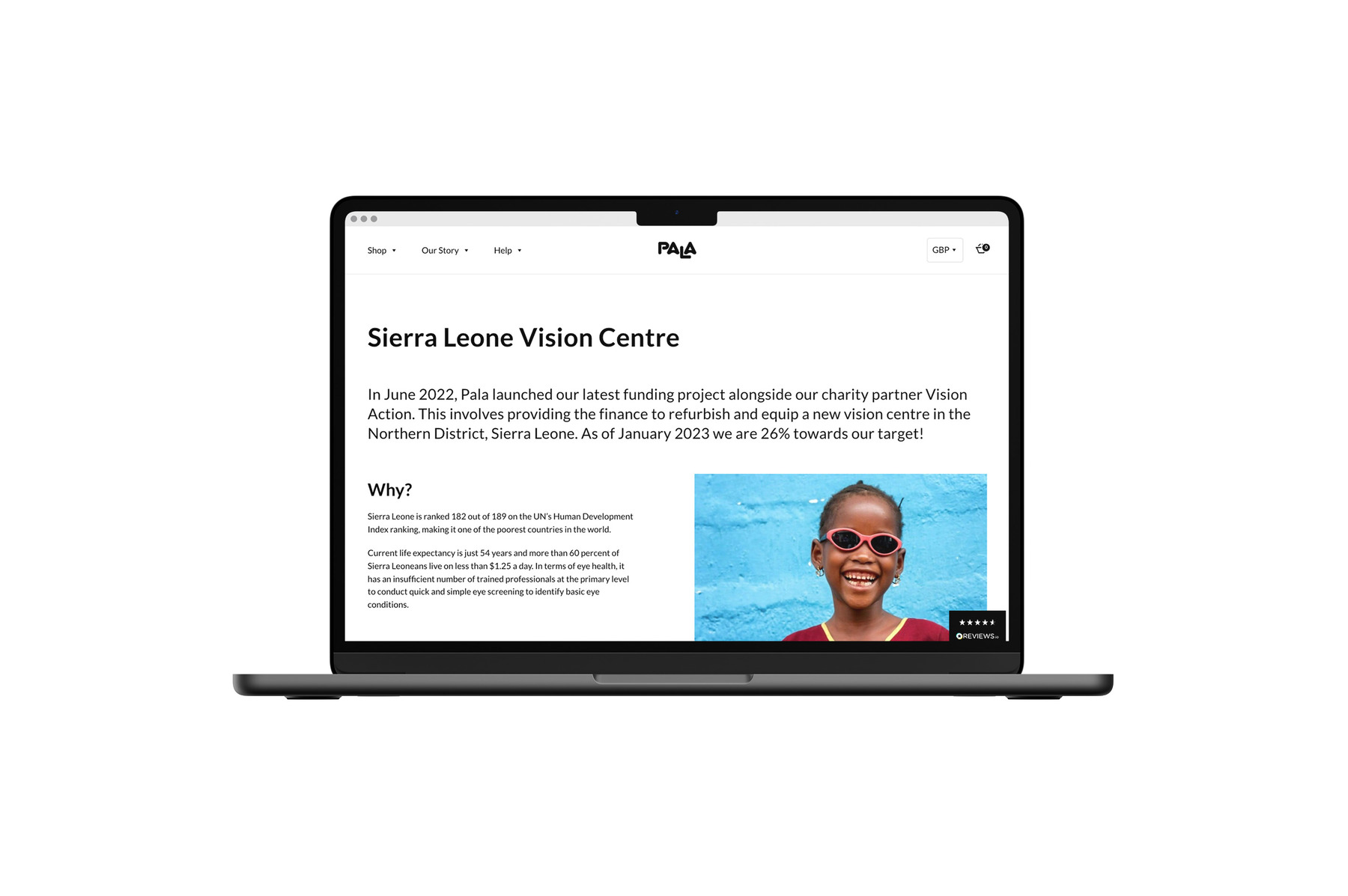 A mockup of a laptop showing an action page of the Pala Eyewear website
