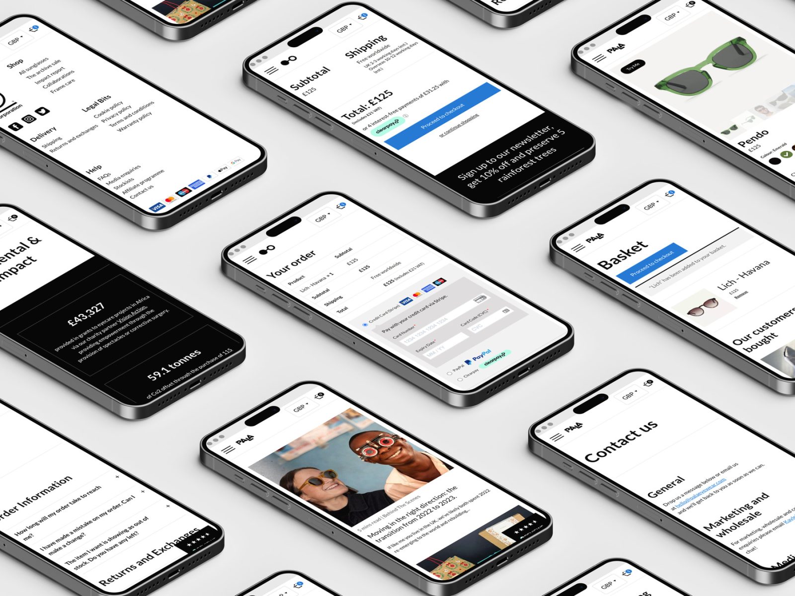 A mockup of mobile phones showing multiple pages of the Pala Eyewear website
