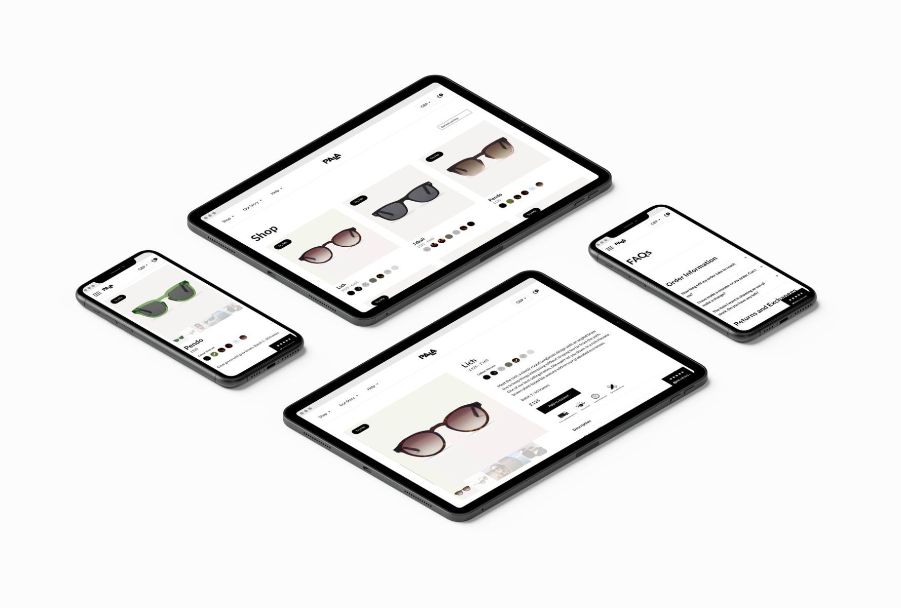 A mockup of tablet and mobile phones showing multiple pages of the Pala Eyewear website