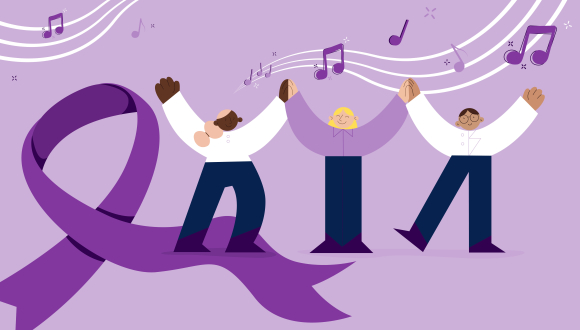 Stylised illustration in purple tones of people singing for the brain. Alzheimers society ribbon in the foreground