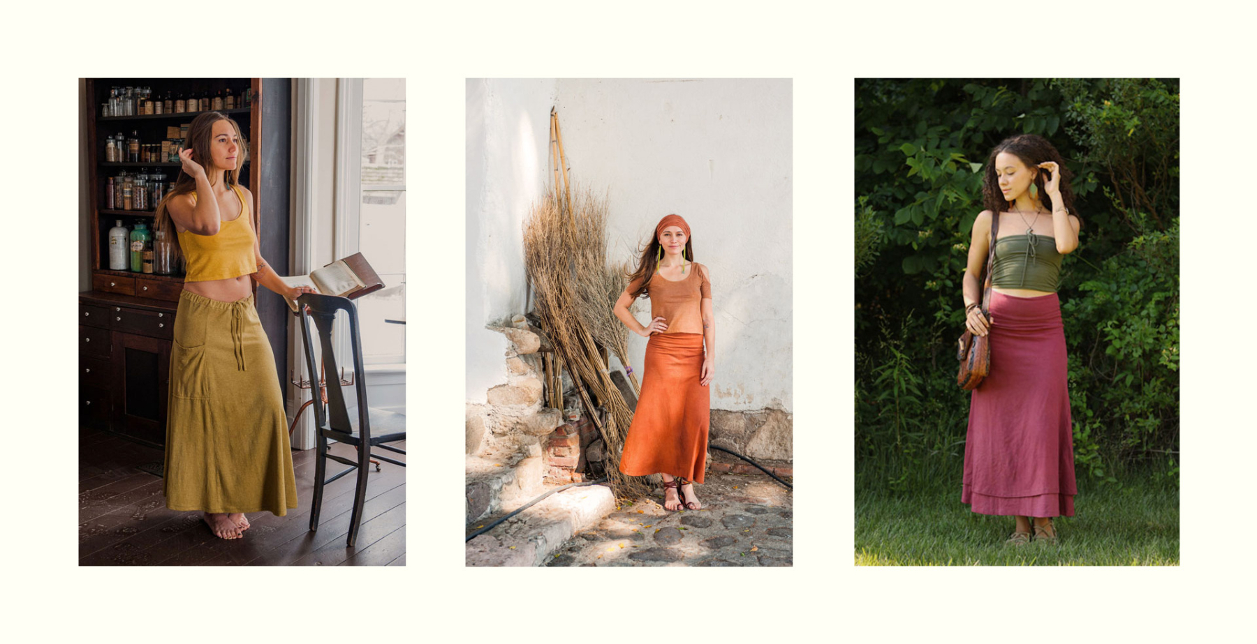 A series of three lifestyle images of models wearing Bohemian Folk clothing