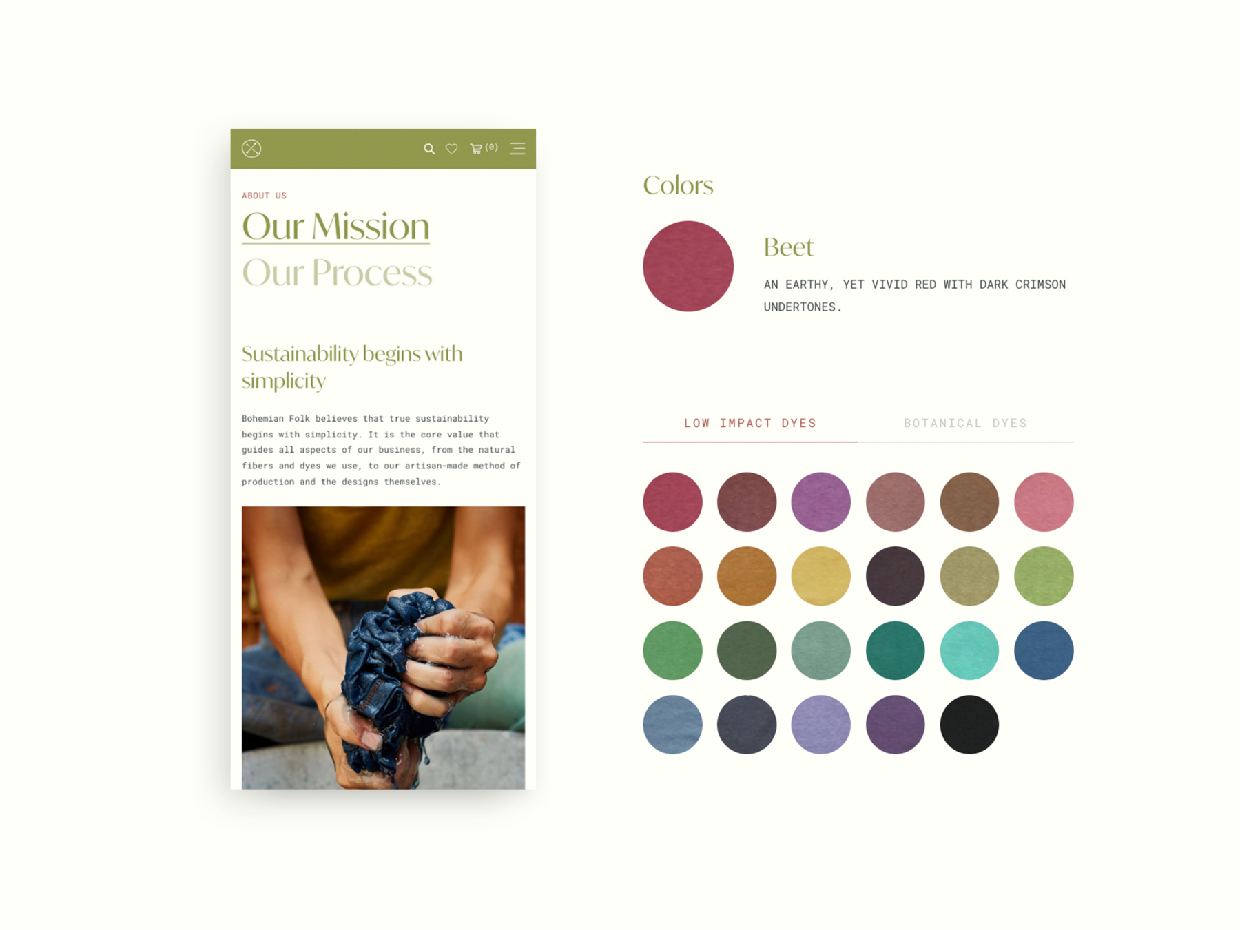 A mobile view of the Bohemian Folk website alongside the colour choice user interface feature