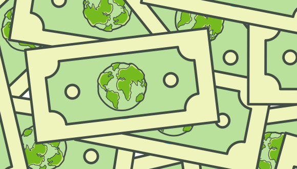 Illustration of green dollar bills all with the earth symbol in the middle of the dollar, representing finance for good