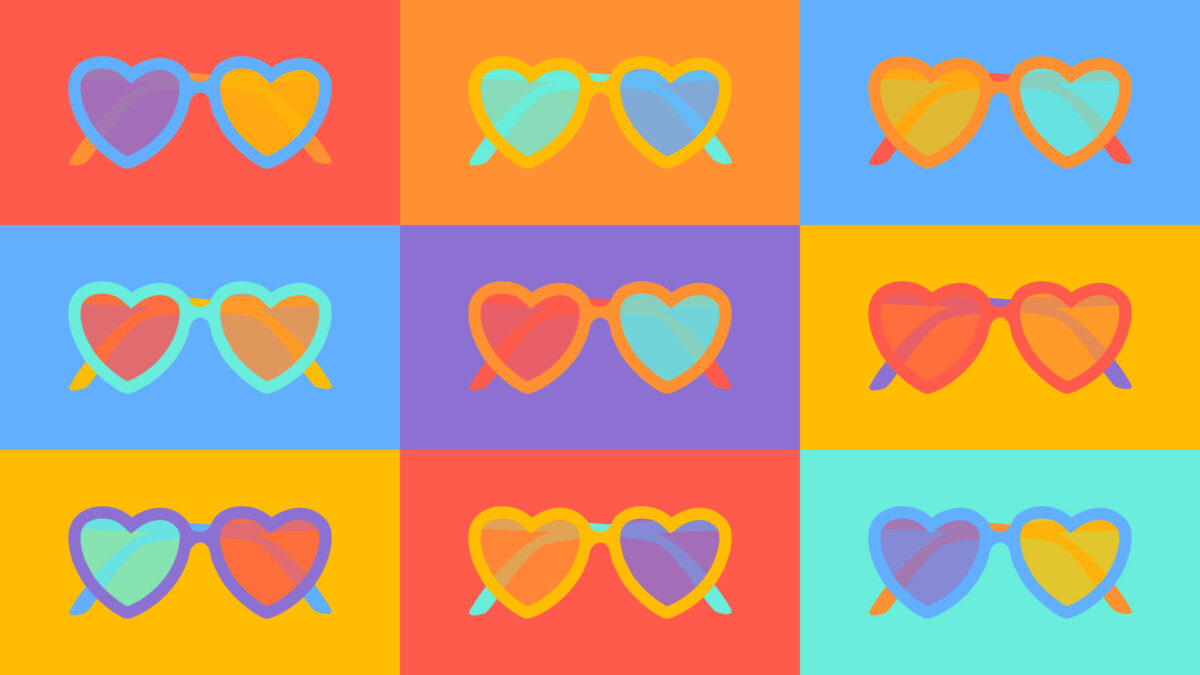illustration with grid of rainbow coloured heart-shaped glasses