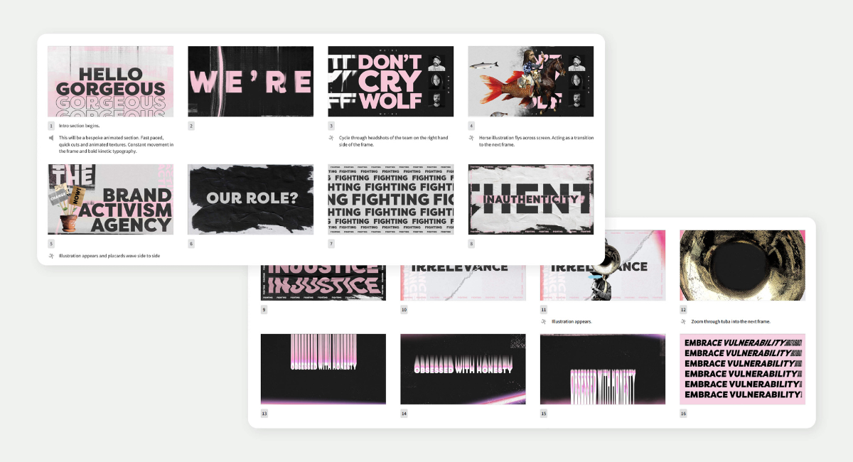 collage with storyboards from don't cry wolf brand film