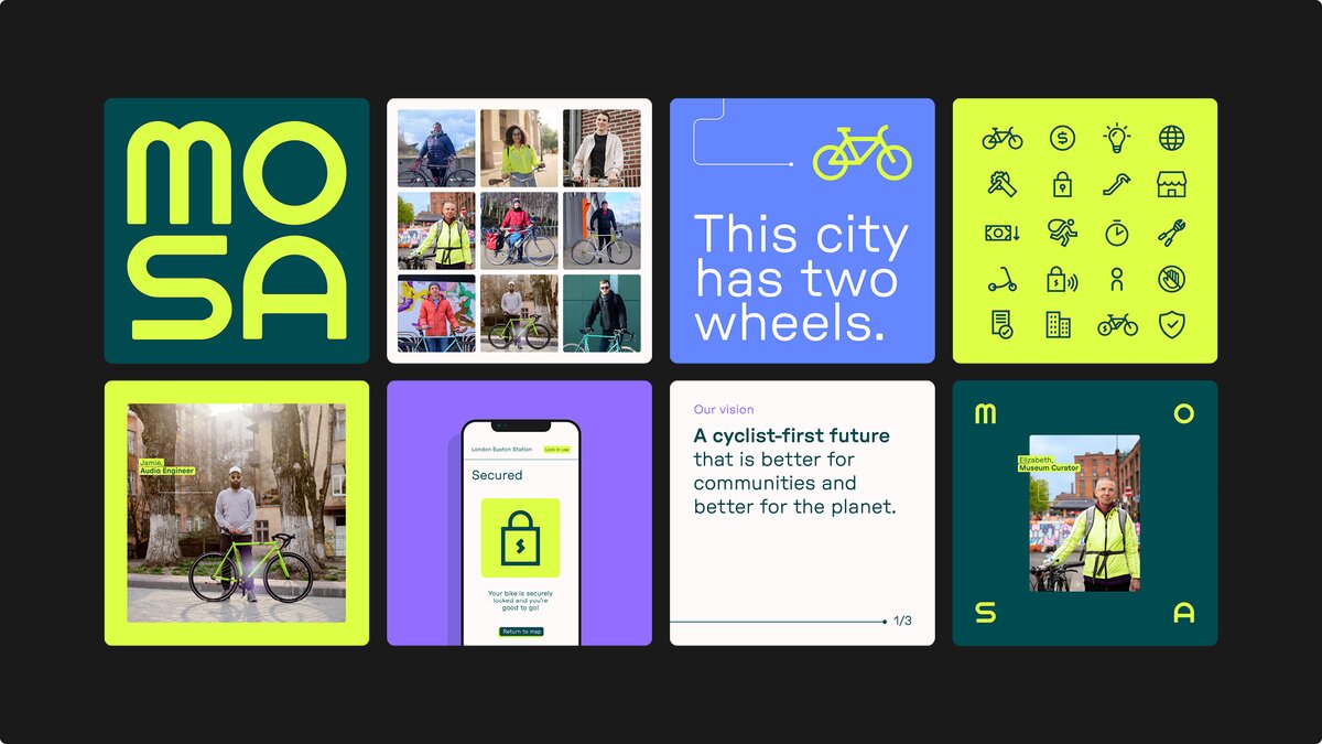 Collage of new Mosa brand assets and social graphics created by Leap. A mix of Loho anuimation, icons and candid portrait photography