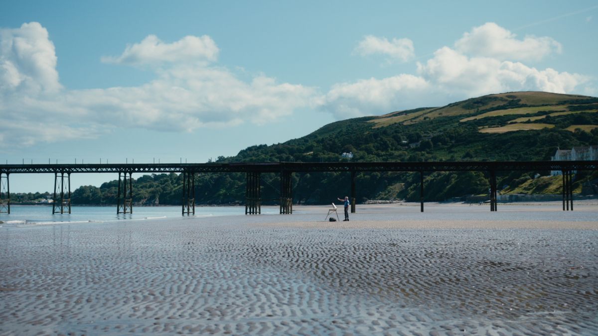panoramic shot of the pier with grandad Biff on the beach in front of an easel